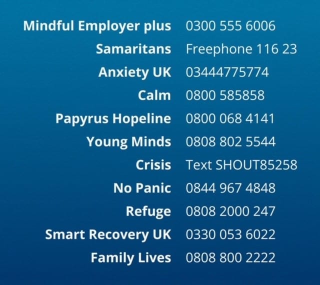 Wellbeing helpline numbers